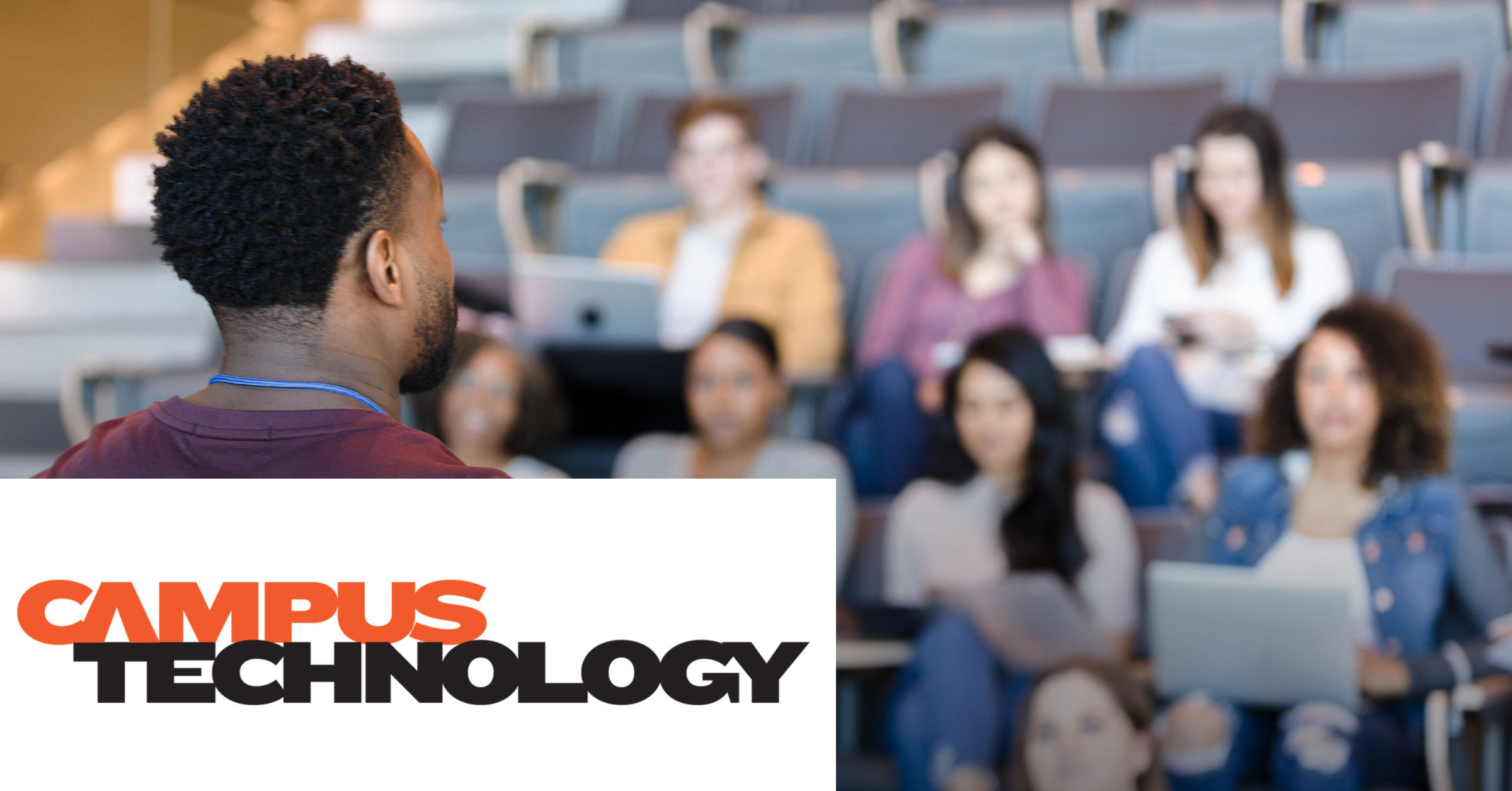 Image of a teacher talking to his students in a classroom. On the lower left corner of the graphic is placed the Campus Technology logo.
