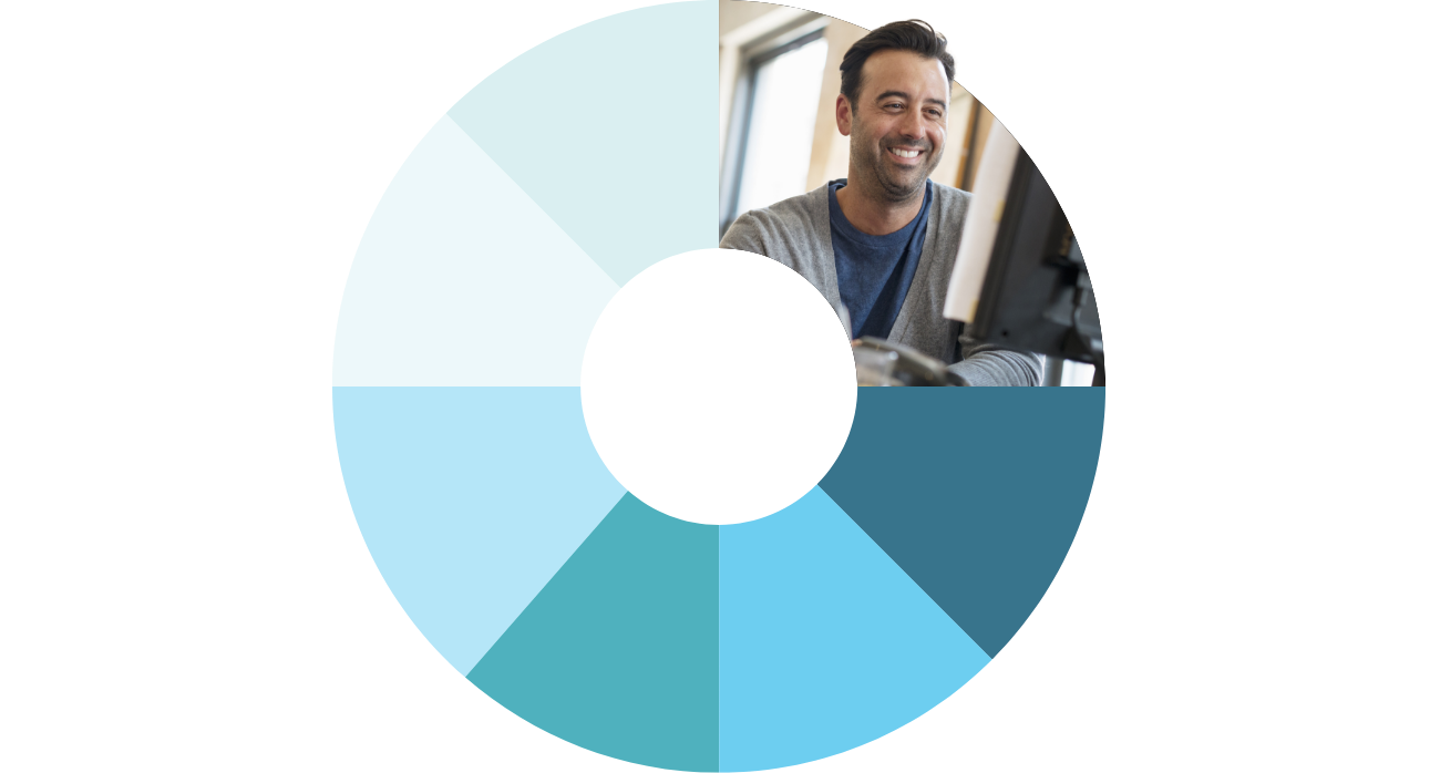 A pie chart mixed with a graphic of man working on his computer
