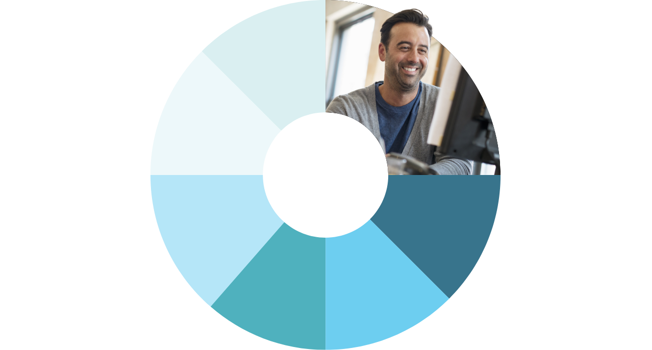 A pie chart mixed with a graphic of man working on his computer