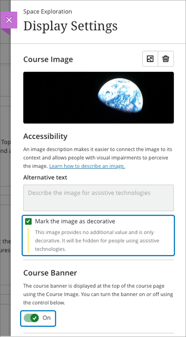 Imagen 4: Imagen marcada como decorativa y el banner del curso está activado