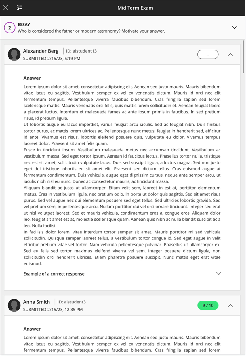 Imagen 3: Vista de calificación flexible de preguntas de redacción en una tablet