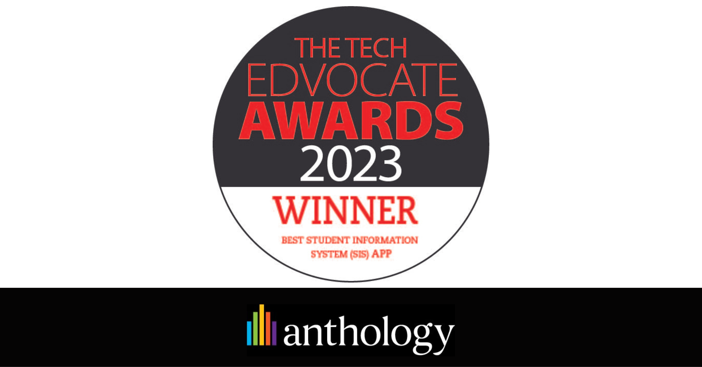 White background image with the The Tech Edvocate Awards 2023 winner logo in the middle. At the bottom of the image is placed the Anthology logo.