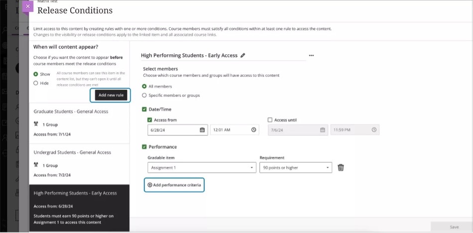 Release Conditions page
