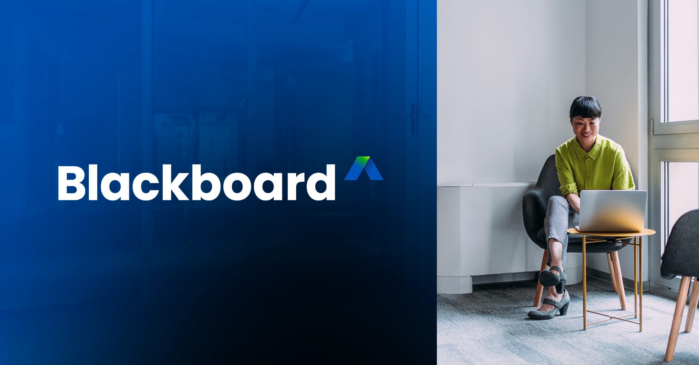 The blackboard logo overlaying a photo of a person working at a laptop