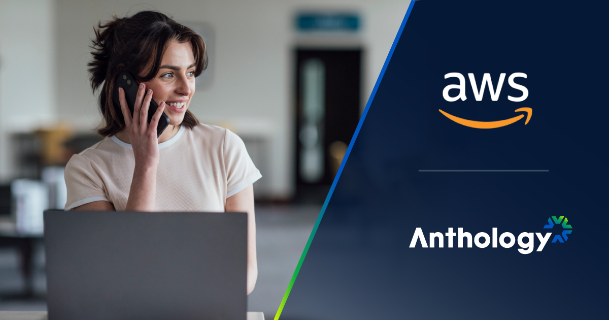 Photo of a woman talking on the phone in front of her laptop with the AWS and Anthology logos to the right