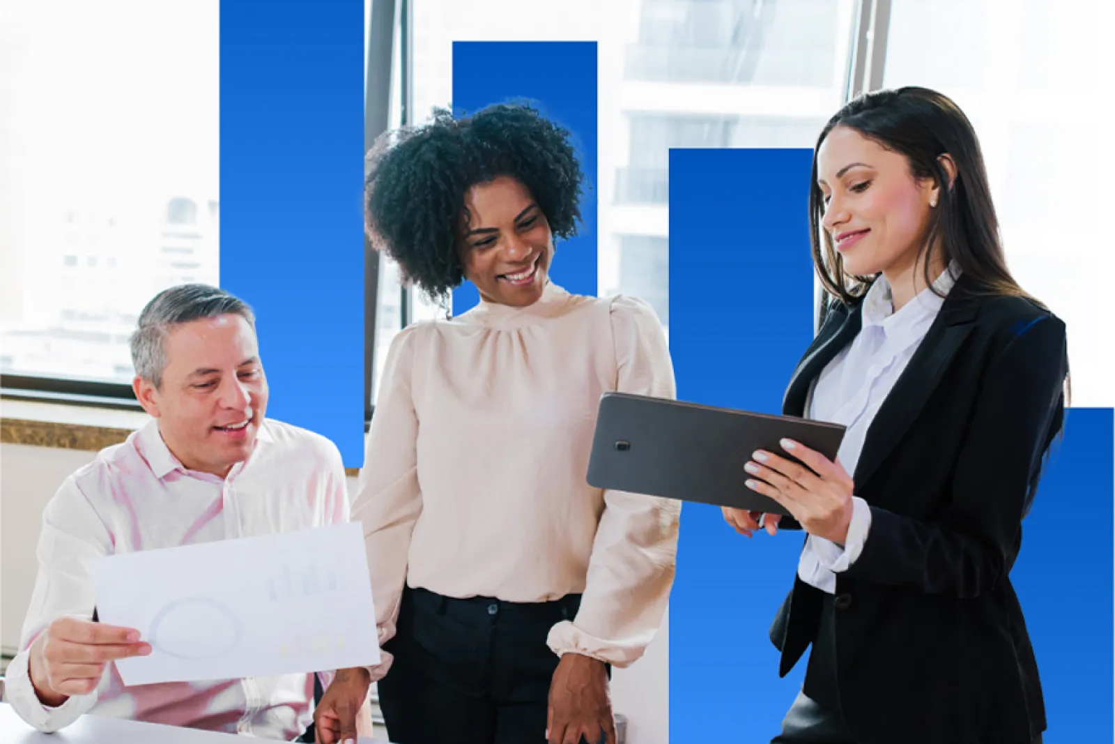 Stylized photo of three people looking at something on a tablet